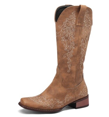 Quimeir Chunky Heel Cowboy Boots for Women, Embroidered Western Cowgirl Boots for Girls, 9#beige