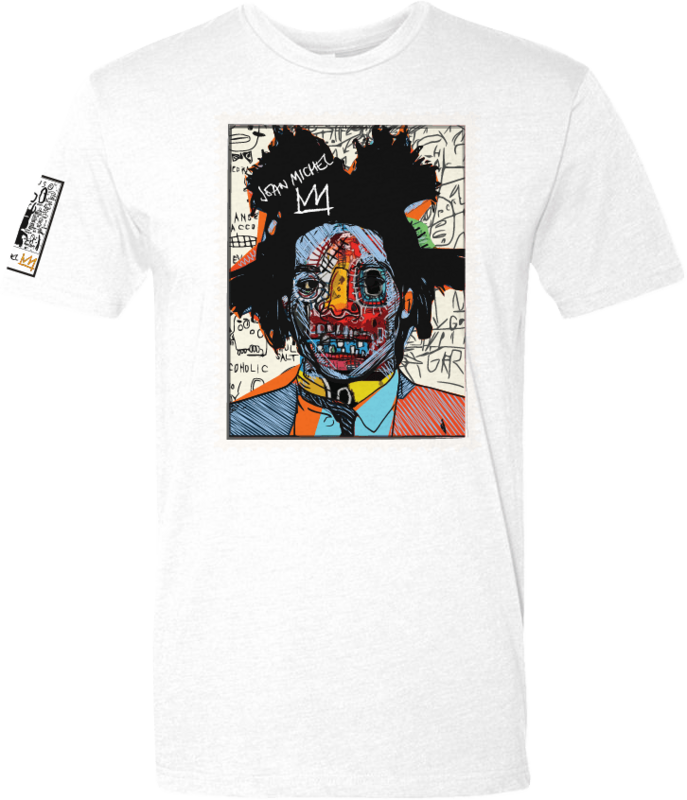Jean-Michel Basquiat t-shirt, Basquiat portrait tee, street art clothing, artist graphic t-shirt, Basquiat crown shirt, contemporary art apparel, urban streetwear tee, Victoria + Irene Apparel, graffiti art fashion, limited edition artist t-shirt, wearable art streetwear, neo-expressionist t-shirt, Basquiat-inspired clothing.