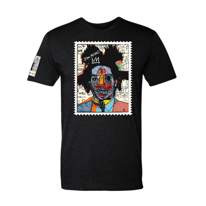 Jean-Michel Basquiat t-shirt, Basquiat portrait tee, street art clothing, artist graphic t-shirt, Basquiat crown shirt, contemporary art apparel, urban streetwear tee, Victoria + Irene Apparel, graffiti art fashion, limited edition artist t-shirt, wearable art streetwear, neo-expressionist t-shirt, Basquiat-inspired clothing.