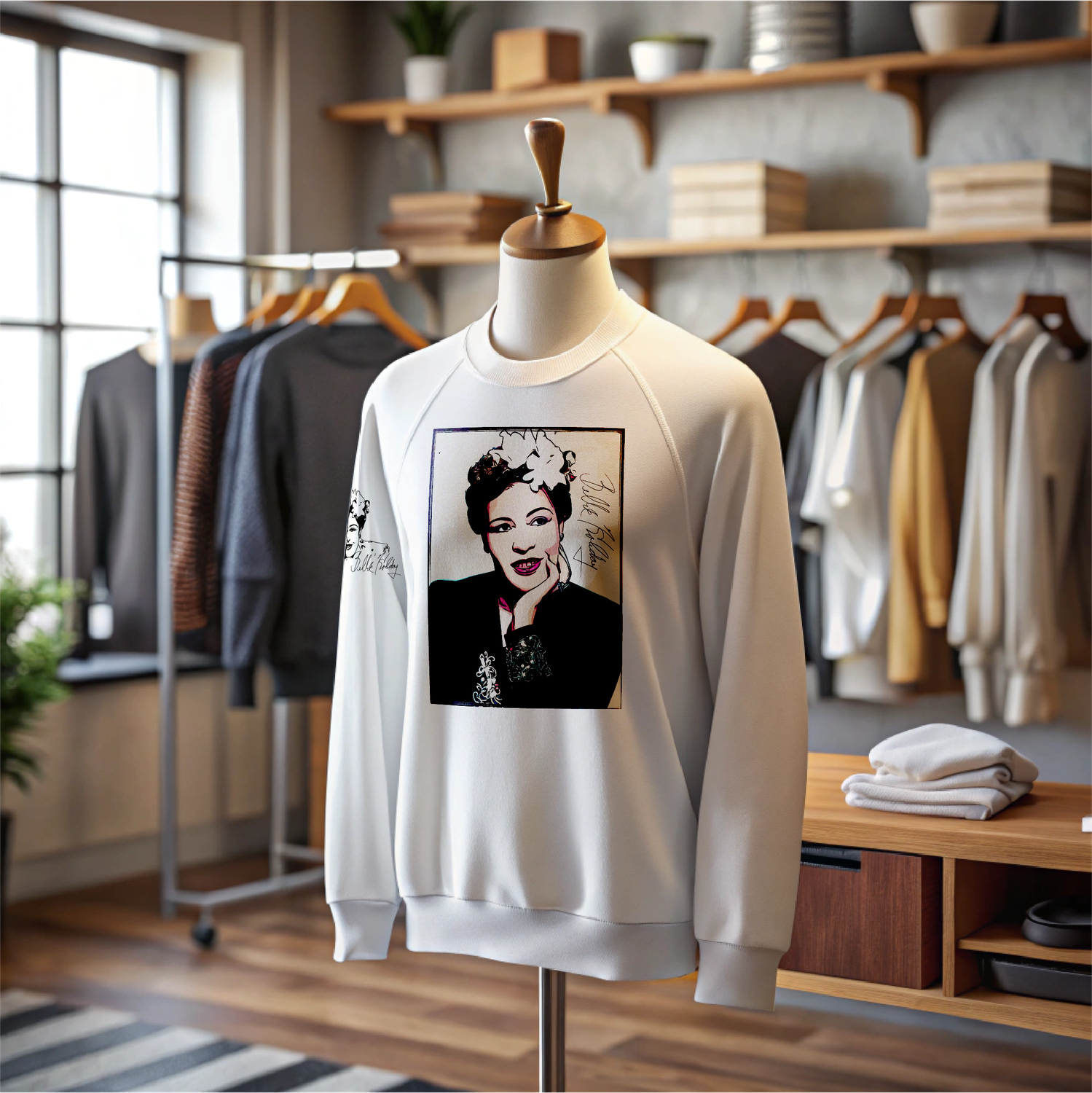 Billie Holiday: French Terry Raglan Crew in soft white with vintage-inspired design