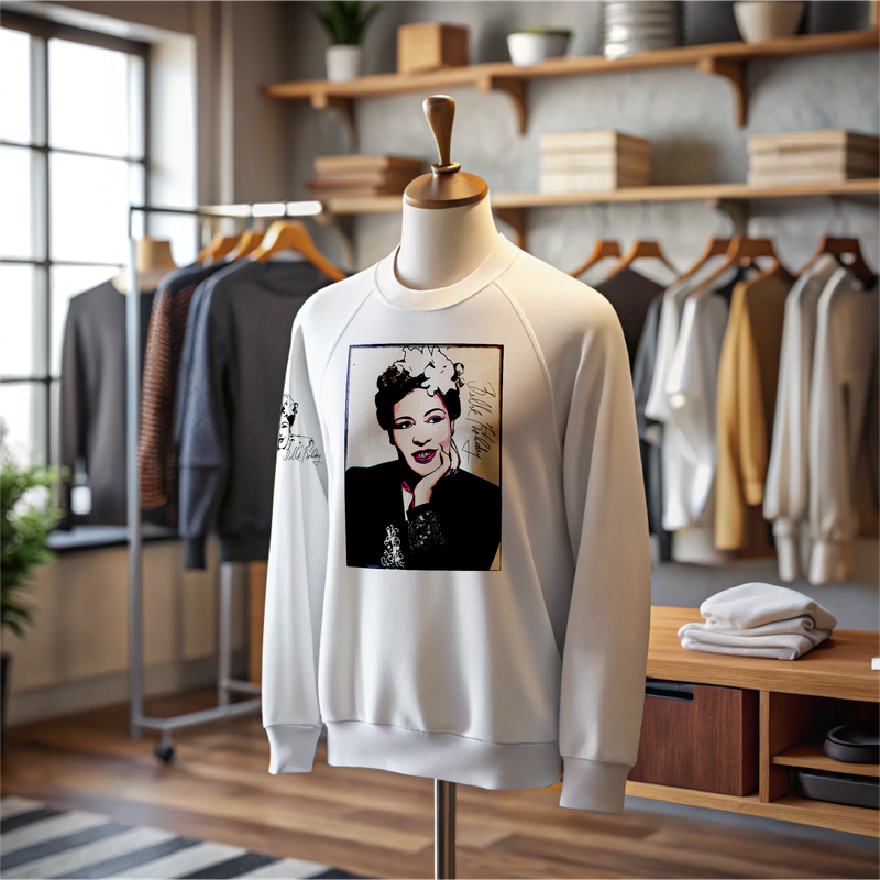 Billie Holiday: French Terry Raglan Crew in soft white with vintage-inspired design