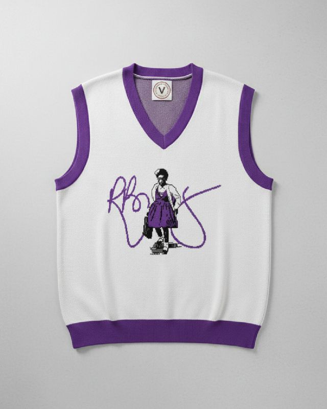 Ruby Bridges knitted vest with purple trim and detailed artwork honoring her legacy, designed by Victoria + Irene Apparel Co
