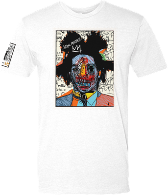 Jean-Michel Basquiat t-shirt, Basquiat portrait tee, street art clothing, artist graphic t-shirt, Basquiat crown shirt, contemporary art apparel, urban streetwear tee, Victoria + Irene Apparel, graffiti art fashion, limited edition artist t-shirt, wearable art streetwear, neo-expressionist t-shirt, Basquiat-inspired clothing.