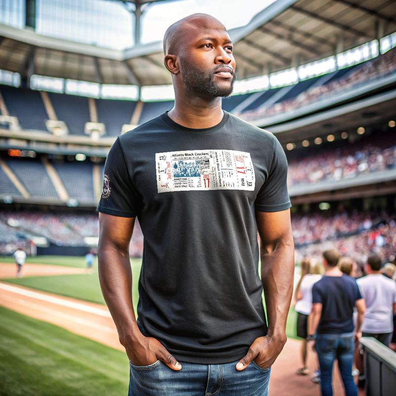 Model wearing Atlanta Black Crackers vintage baseball ticket t-shirt