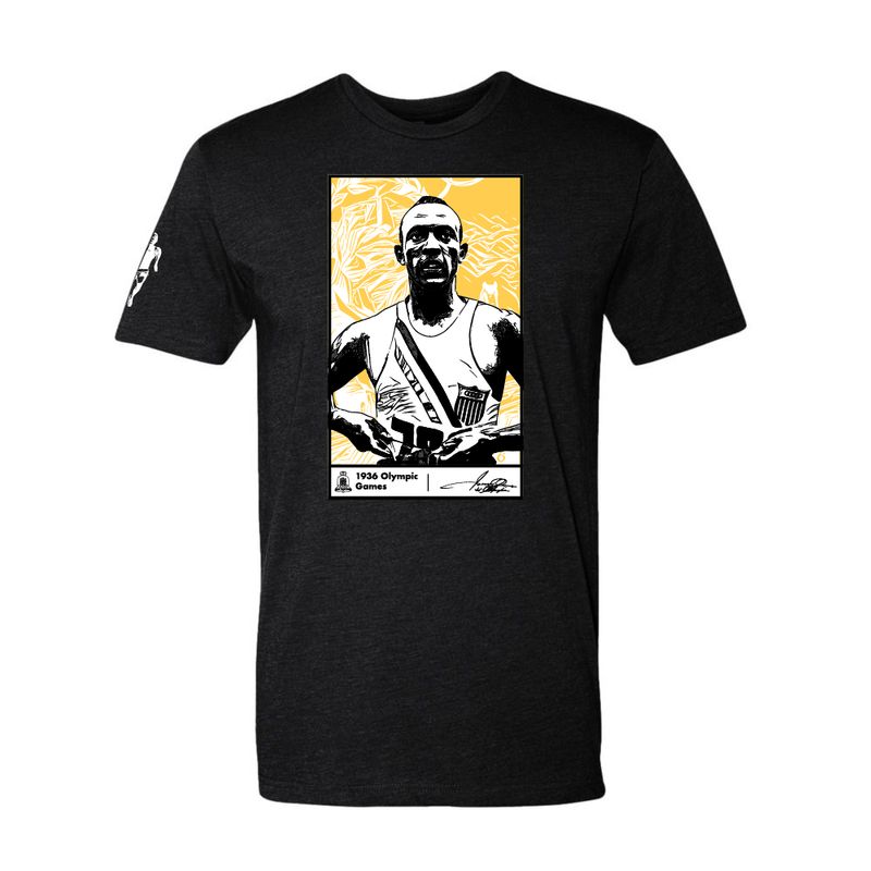 Jesse Owens 1936 Olympics tribute tee detail — Black history apparel by Victoria + Irene Apparel Co