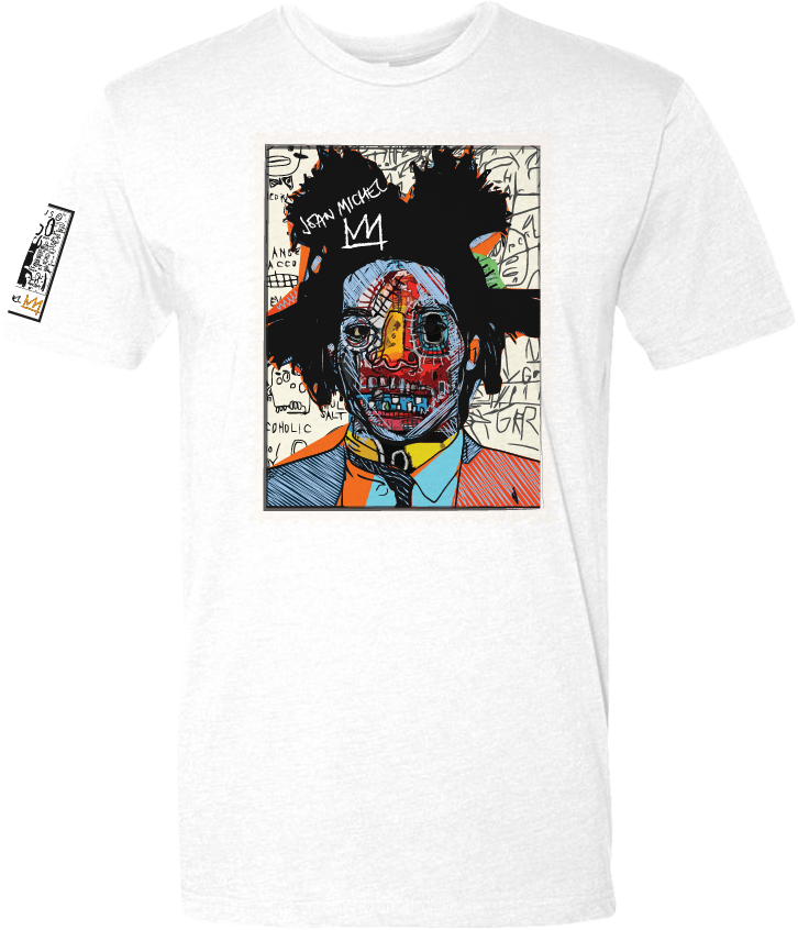 Jean-Michel Basquiat t-shirt, Basquiat portrait tee, street art clothing, artist graphic t-shirt, Basquiat crown shirt, contemporary art apparel, urban streetwear tee, Victoria + Irene Apparel, graffiti art fashion, limited edition artist t-shirt, wearable art streetwear, neo-expressionist t-shirt, Basquiat-inspired clothing.