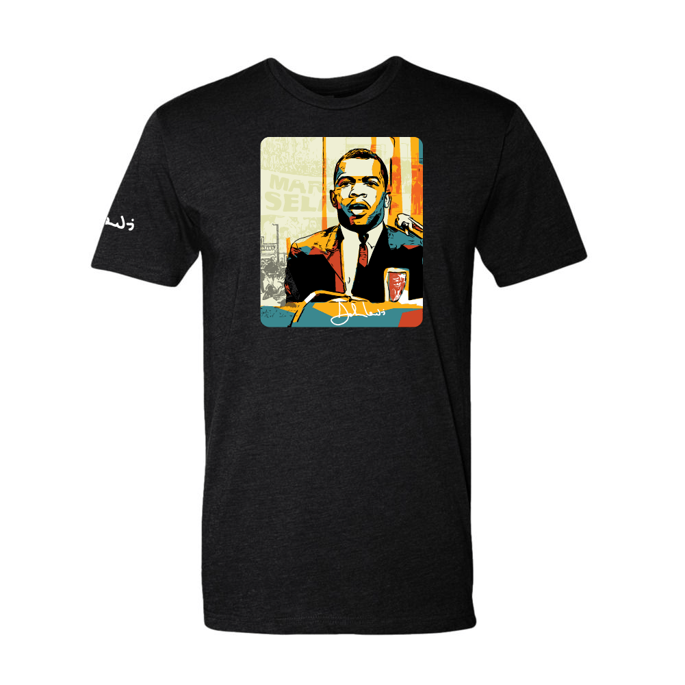 John Lewis 'Good Trouble' graphic t-shirt in black — civil rights tribute honoring SNCC chairman and U.S. Congressman, by V+I