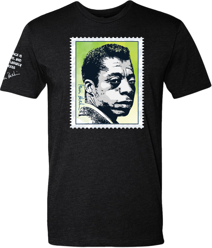 James Baldwin portrait graphic t-shirt — literary icon tribute tee by Victoria + Irene Apparel Co