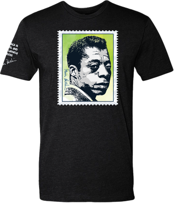 James Baldwin portrait graphic t-shirt — literary icon tribute tee by Victoria + Irene Apparel Co