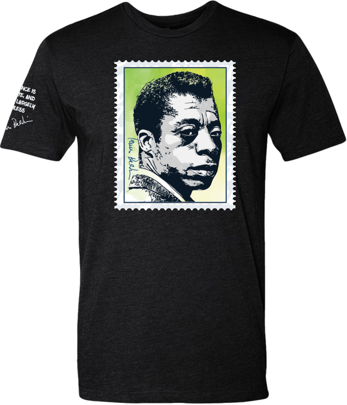 James Baldwin portrait graphic t-shirt — literary icon tribute tee by Victoria + Irene Apparel Co