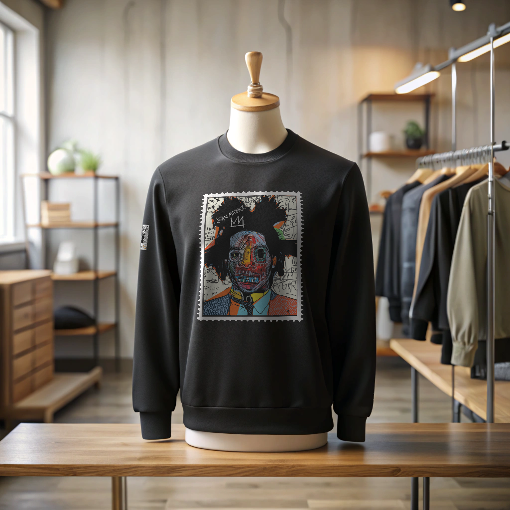 Jean-Michel Basquiat expressive art heritage sweater — wearable art knitwear by Victoria + Irene Apparel Co