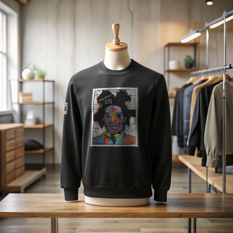 Jean-Michel Basquiat expressive art heritage sweater — wearable art knitwear by Victoria + Irene Apparel Co