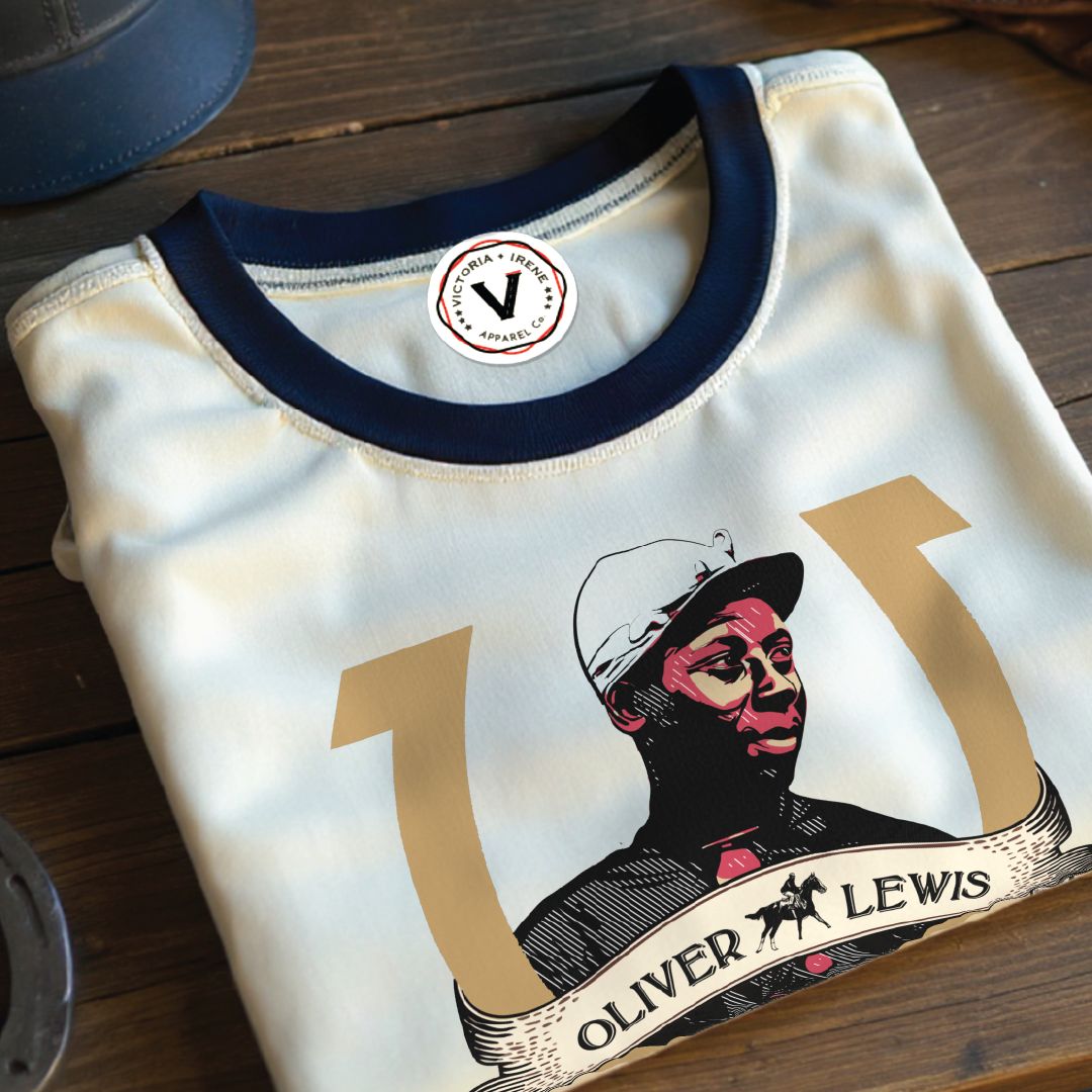 Oliver Lewis 1875 graphic t-shirt — tribute to the first Black jockey to win the Kentucky Derby, by Victoria + Irene Apparel 