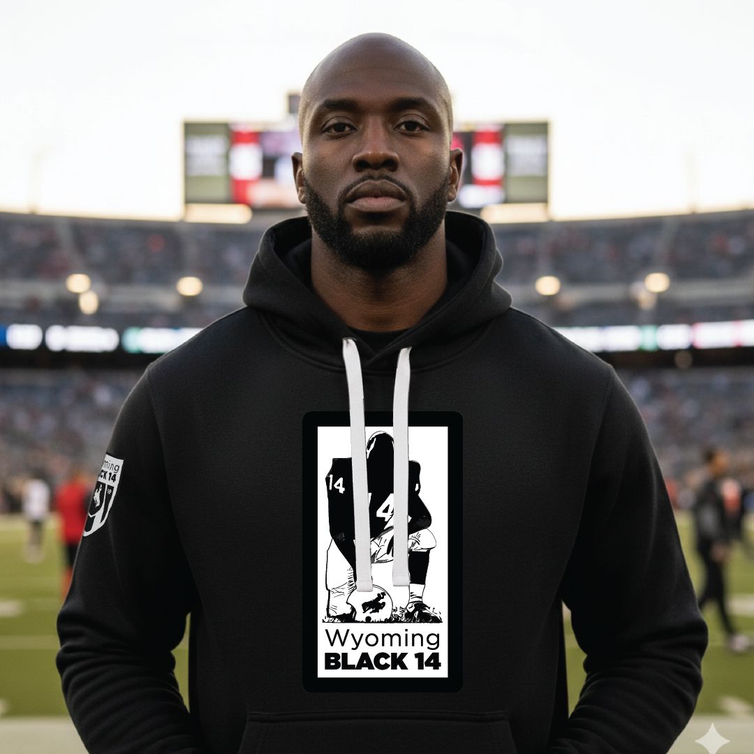 Wyoming Black 14 black heritage hoodie — 1969 football protest tribute apparel by Victoria + Irene Apparel Co