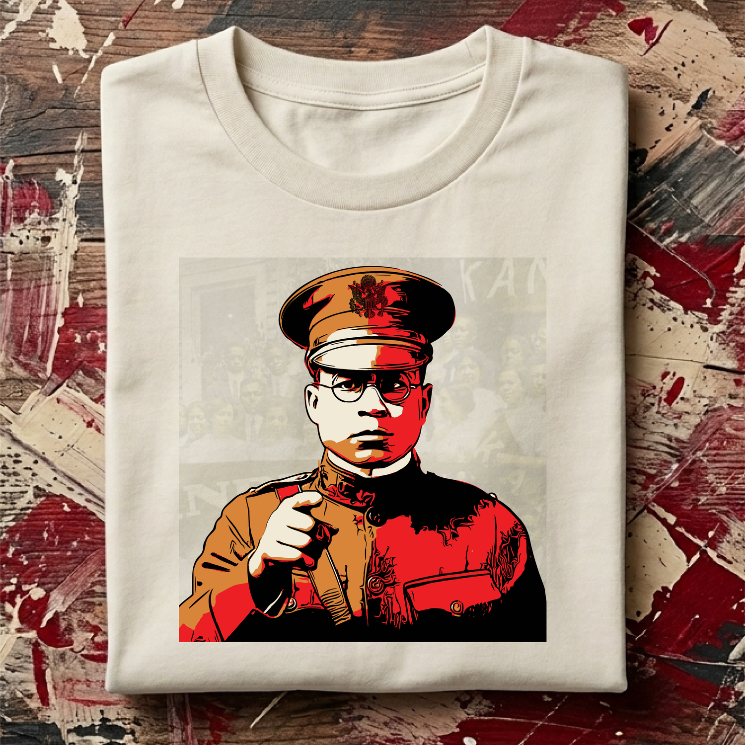 Folded cream t-shirt with art graphic of Elder Watson Diggs in military uniform — Kome Home shirt 