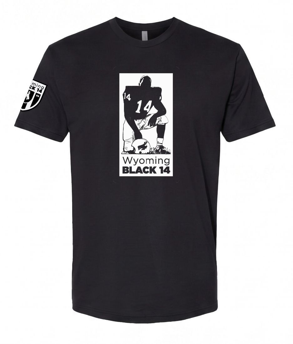 Wyoming Black 14 black T-shirt — Victoria + Irene Apparel Co. tribute tee featuring the 1969 player #14