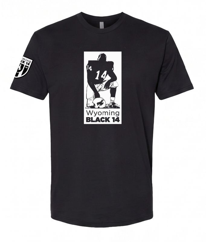 Wyoming Black 14 black T-shirt — Victoria + Irene Apparel Co. tribute tee featuring the 1969 player #14