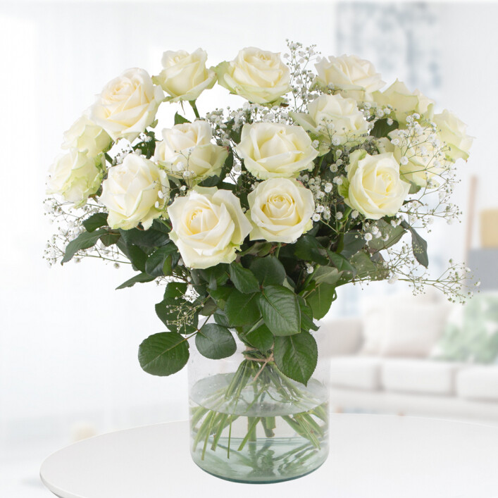 Weiße Rosen mit Schleierkraut - Premium-Rosen (60cm)