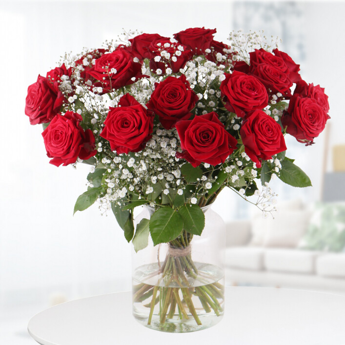 Rote Rosen mit Schleierkraut - Premium-Rosen (60cm)