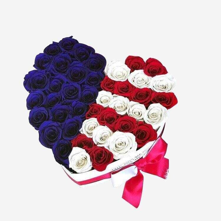 Heart Box | Weiß | US Flagge Edition | Königsblaue & Rote & Weiße Rosen