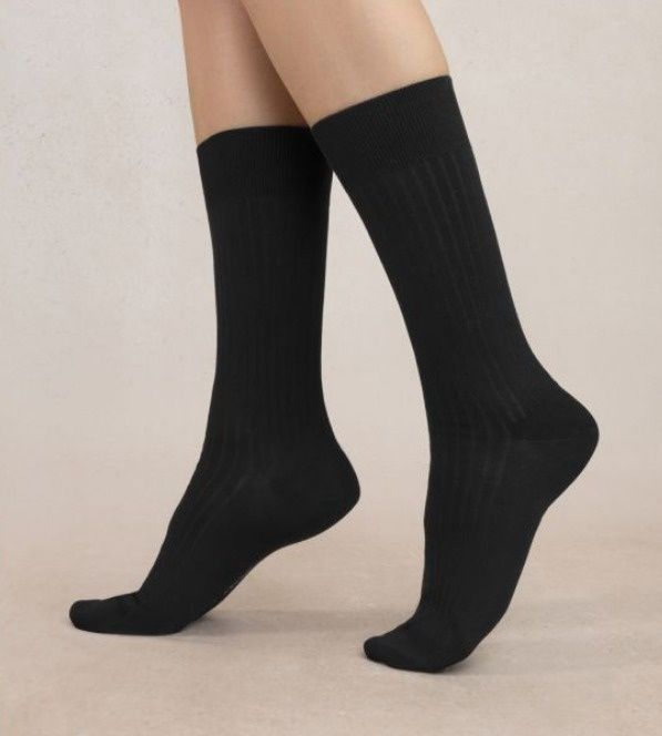 6484 Long socks in ribbed Lisle yarn Black, Size: 5-7