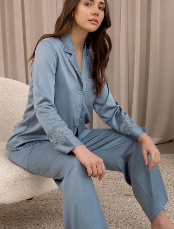 880 Zinnia Satin PJ Set, Colour: Chateau Blue, Size: S