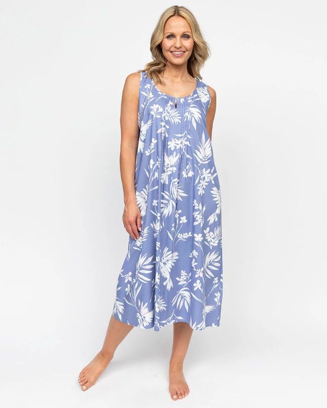 2199 Cornflower Blue Bird Print Long Nightdress