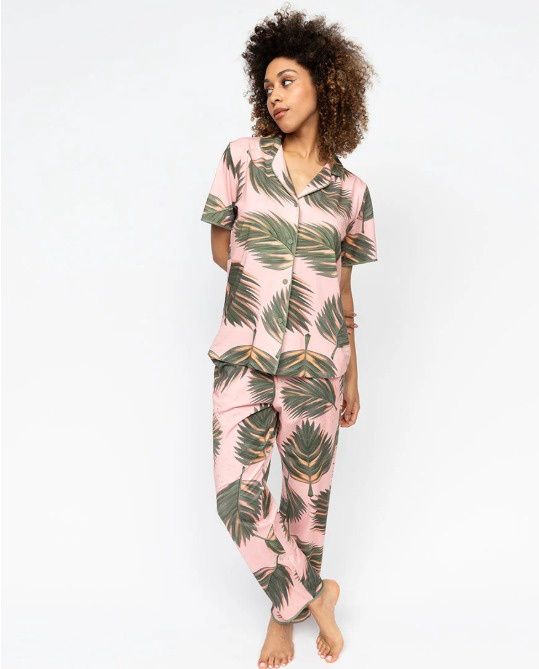 0693 Lea Salmon Pink Leaf Jersey PJ Set