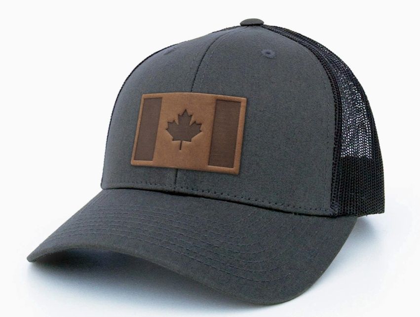 Canada Flag Leather Patch Trucker Hat, Colour: Charcoal