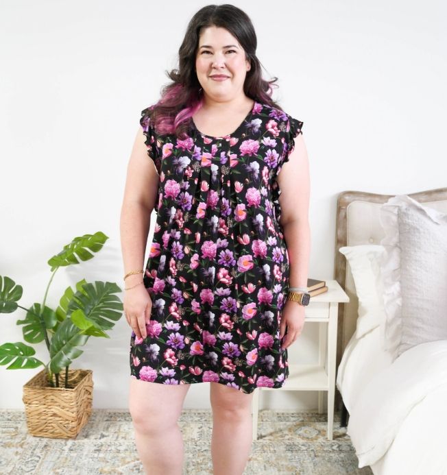 Georgia Rylan Women's Bamboo Flutter Sleeve Nightgown in Dreamy Blooms Black Floral