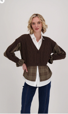 Shirt w/ Cable Knit Cardigan Topper- Wht/Choco 2pc