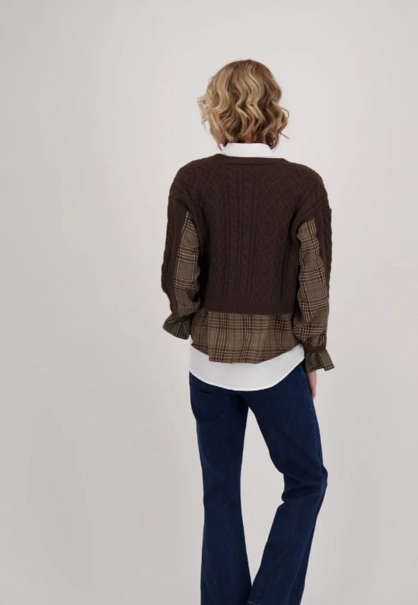 Shirt w/ Cable Knit Cardigan Topper- Wht/Choco 2pc