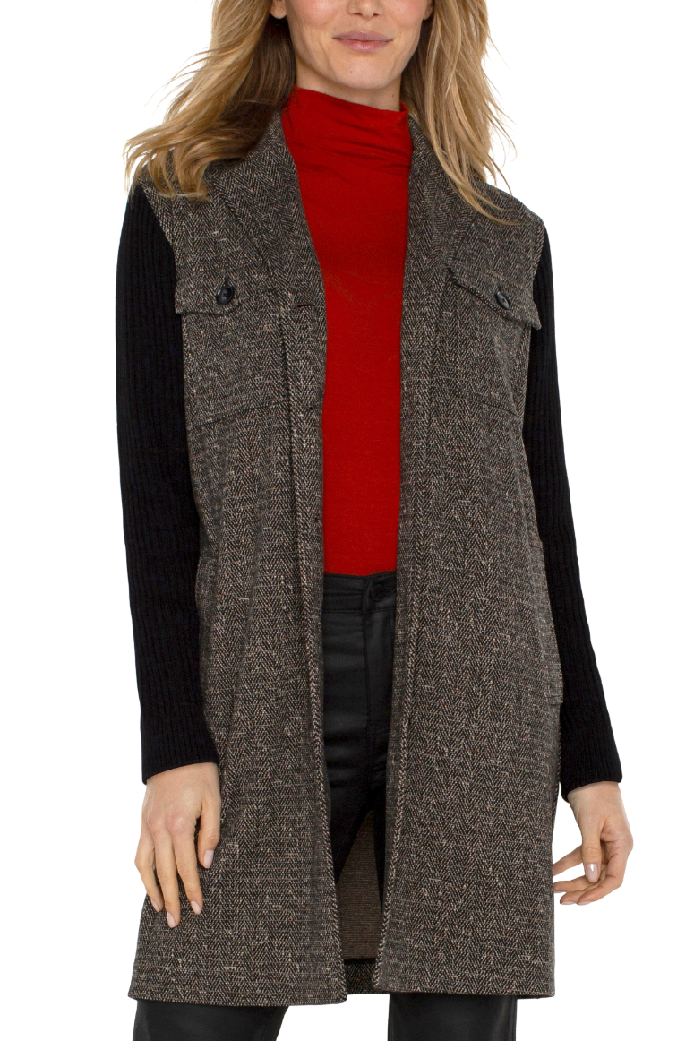 Liverpool: Blk/Tan Herringbone Coatigan Sweater