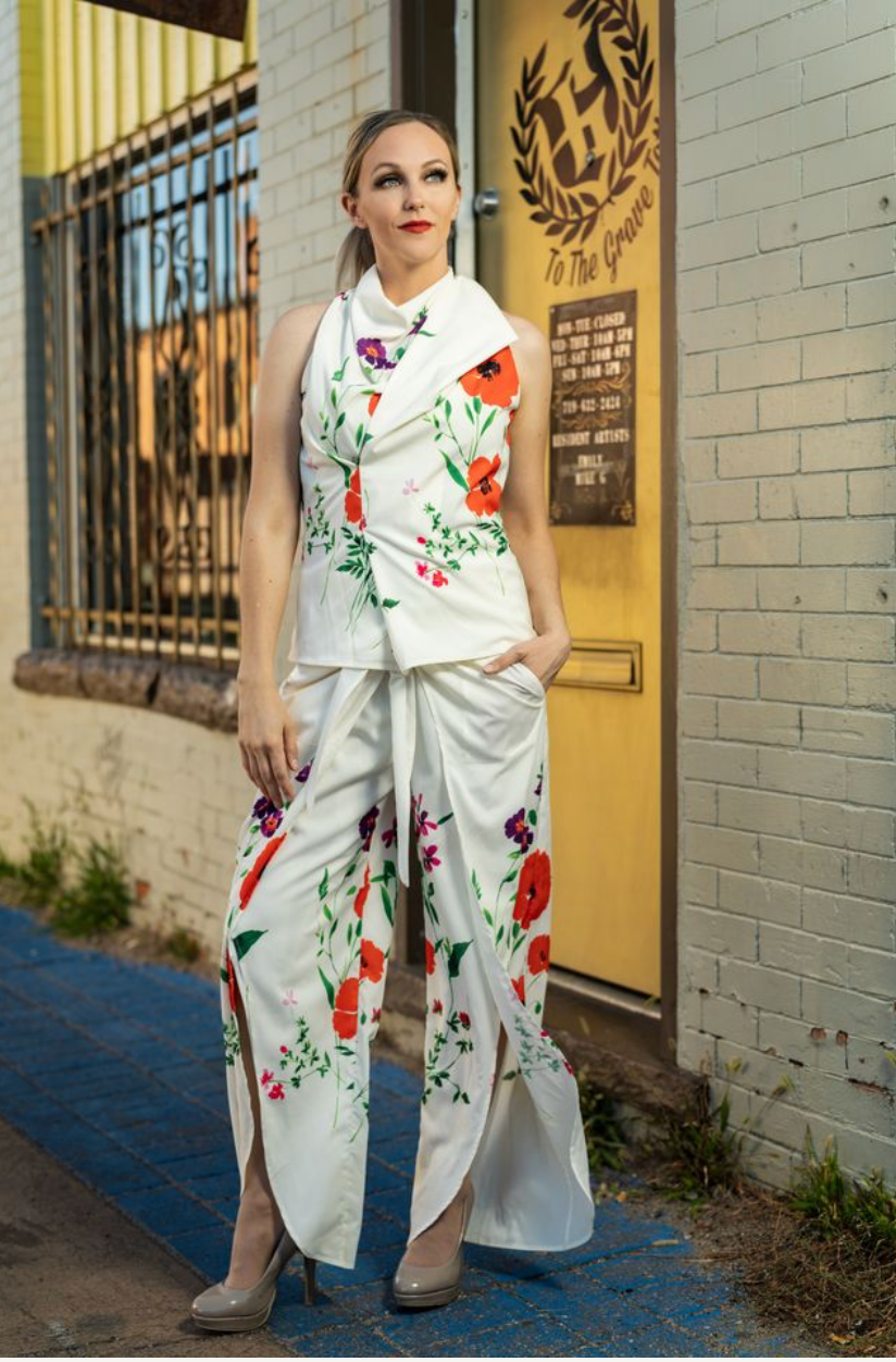 Samuel Dong: Grn Flw Set- Crepe and Plazzo Pant