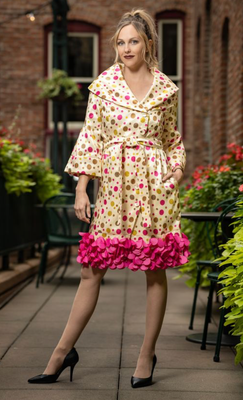 Samuel Dong: Print Duppioni Coat Dress Bge/Boug