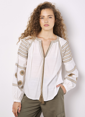 Apricot: Aztec Embroid Bell Balloon Blouse