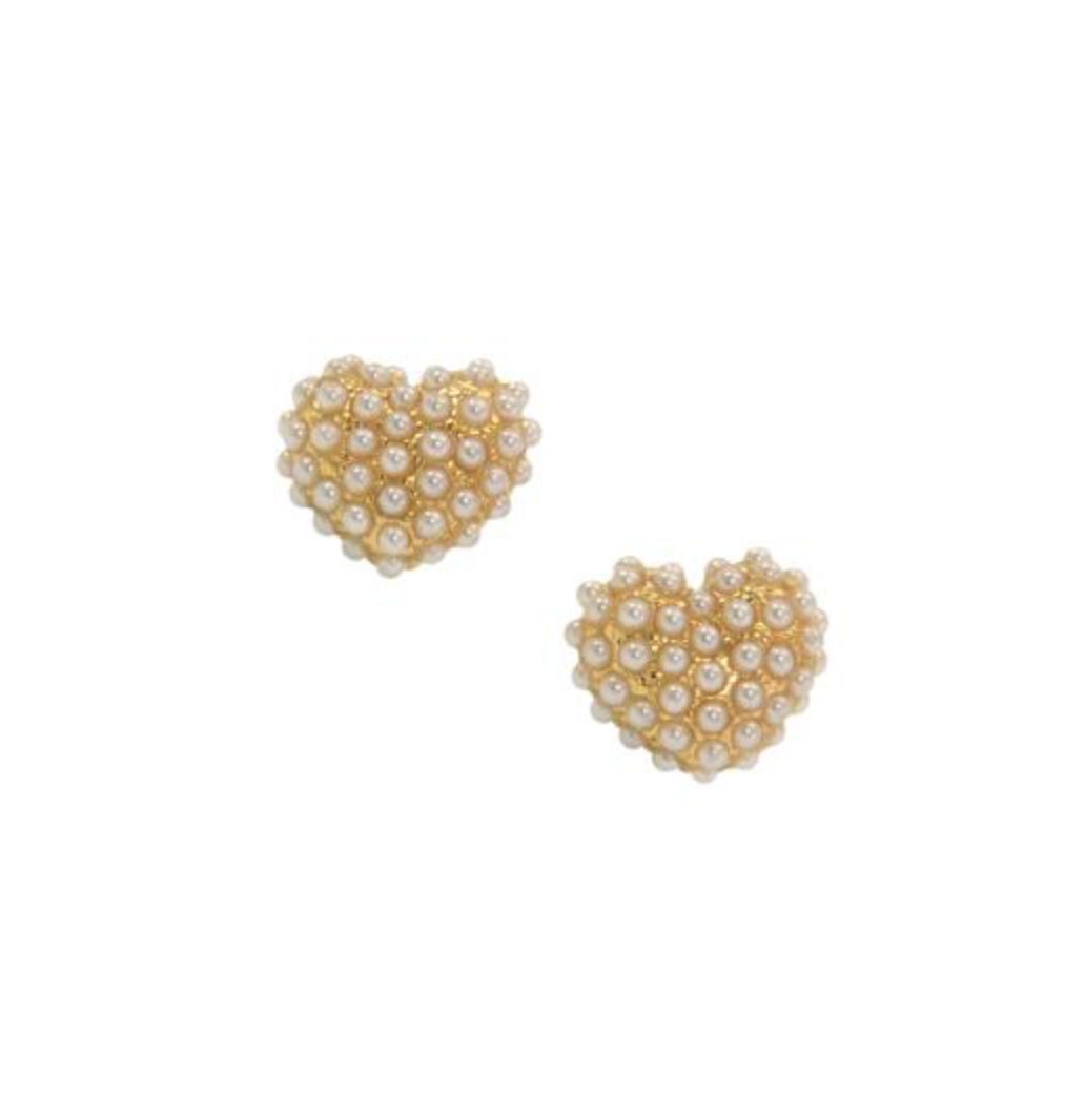 Joy Susan: Gld Pearl Pavé Heart Stud Earrings