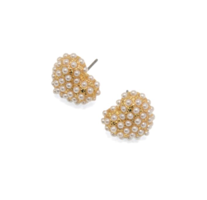 Joy Susan: Gld Pearl Pavé Heart Stud Earrings