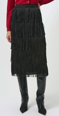 JR: Black Pleated Pencil Skirt w/ Tiered Fringes 