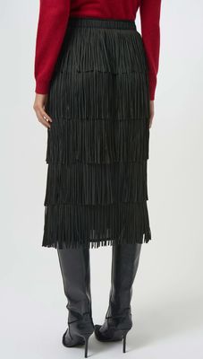 JR: Black Pleated Pencil Skirt w/ Tiered Fringes 