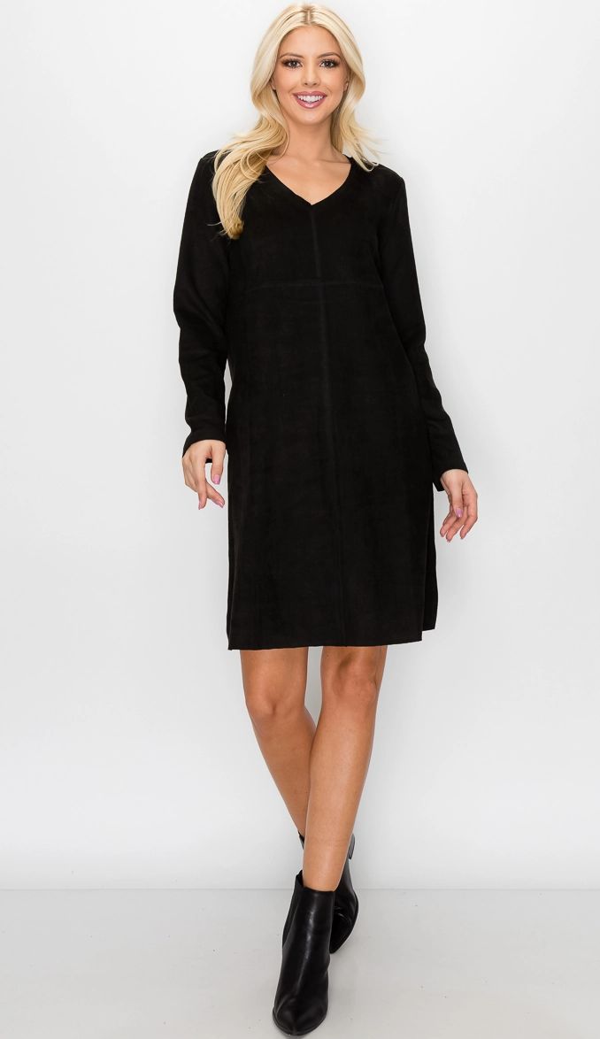 Joh: Black Aurora V Neck Suede Dress