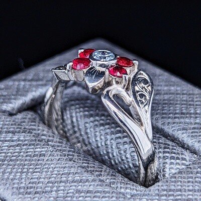 Flower Cluster Ring w/ Diamond and Red Sapphire