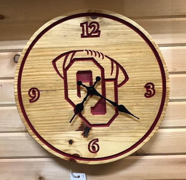 Small Round Wood OU Football Clock (1 design per clock, can be customized for any College or NFL team)