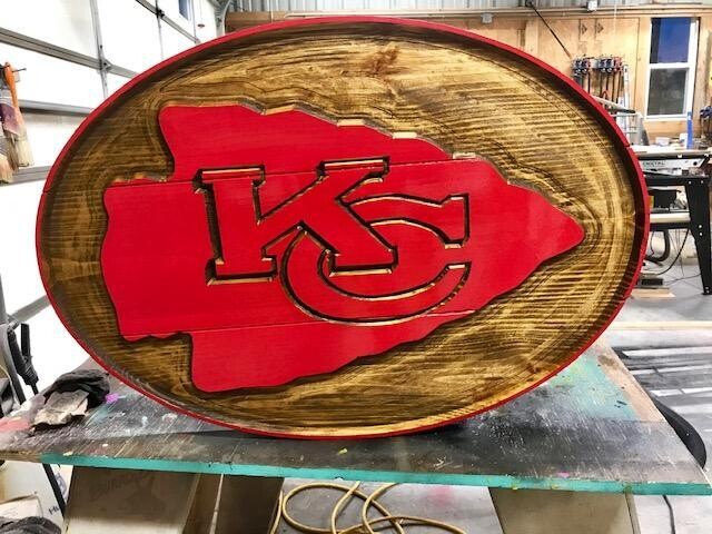 Large Oval Kansas City Chief Wood Sign (can be customized for any College or NFL team)