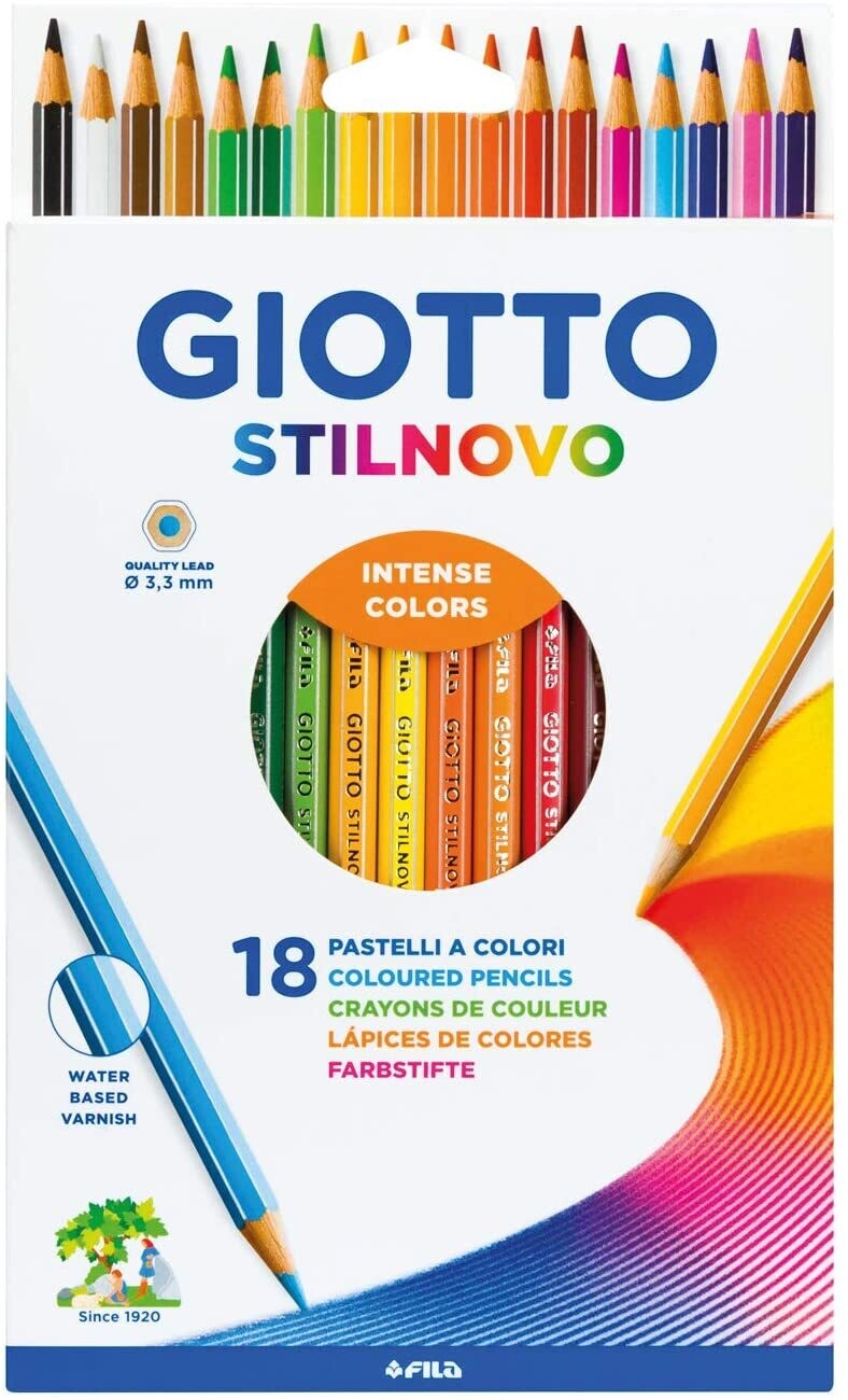 Colori pastelli a legno Giotto Stilnovo confezione da 18 colori. Mina diametro 3,3 mm.