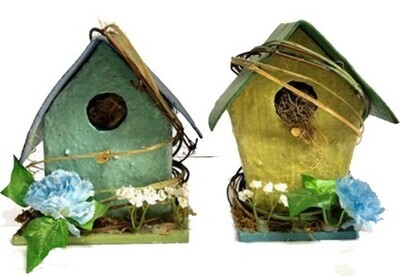 Casette per uccelli coppia azzurra - verde con fiorellini e foglie applicate (2 casette)