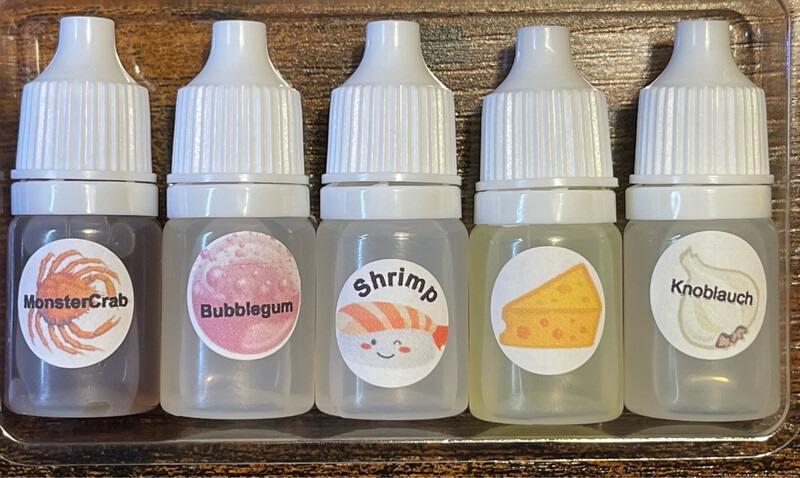Kunstköder Aroma Mix(5ml Käse, 5ml Knoblauch, 5ml Bubblegum, 5ml Shrimp und 5ml Monstercrab) in der praktischen 5ml Tropfflasche