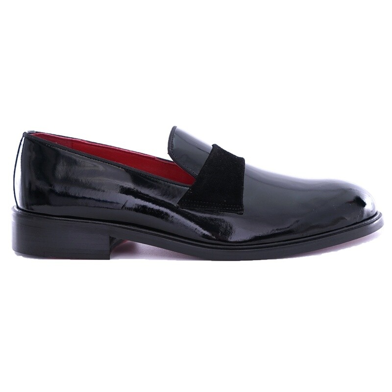 Black Patent Suede Ribbon Loafer