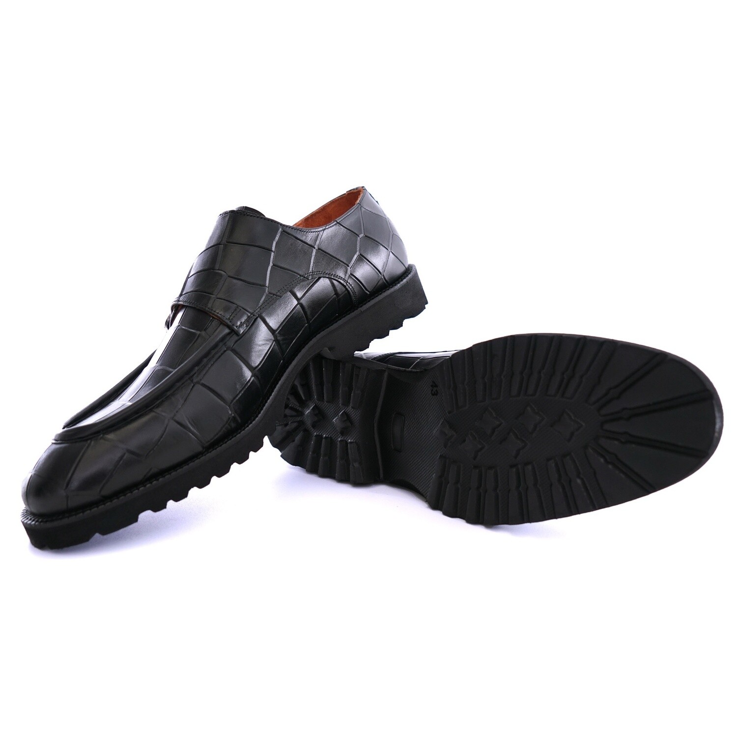 Double Monk Croc Effect Leather, Colour: BLACK, Size: 40