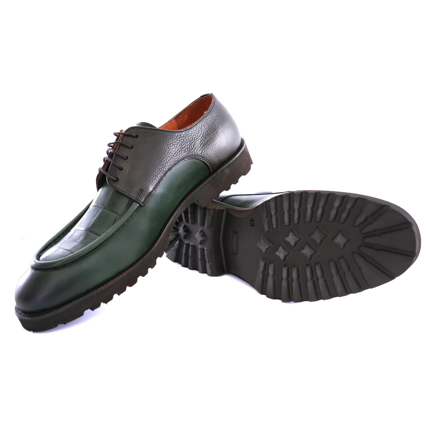 Lace Up Croc Effect Leather, Colour: DARK GREEN, Size: 40